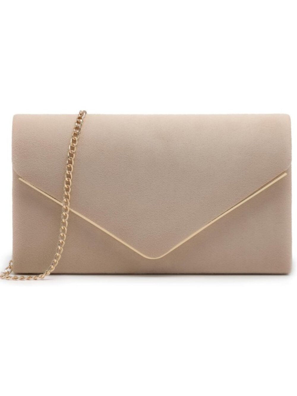 Women's Nude Faux Suede Clutch Purse Golden Chain Strap Evening Shoulder Bags